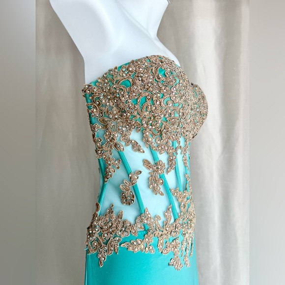 Prom Gown Glow by Colors Size 6, Tiffany Turquoise with Rose Gold Lace Bodice - Picture 11 of 17